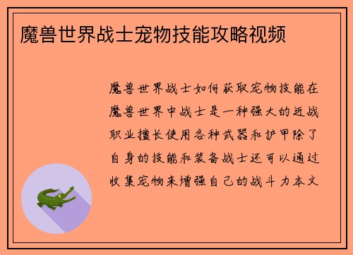 魔兽世界战士宠物技能攻略视频